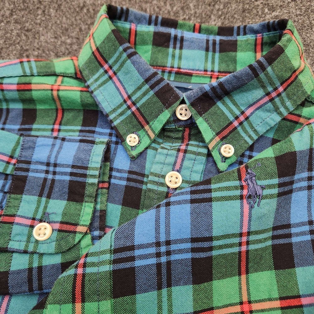 Ralph Lauren Youth Boys Large 14-16 Blue Green Plaid Button Down Shirt Pony